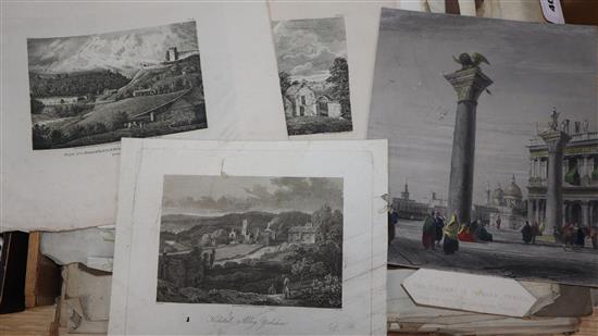 A folio of assorted 19th century drawings and monochrome watercolours, mostly landscapes, together